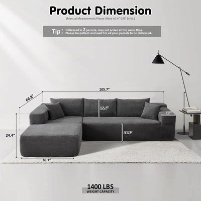 OVIOS 104" L-Shape Modular Couch with Chaise,Corduroy Fabric,No Assembly Required