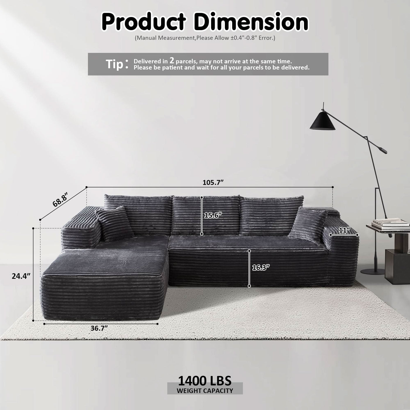 OVIOS 104" L-Shape Modular Couch with Chaise, Plush Corduroy Fabric, No Assembly Required