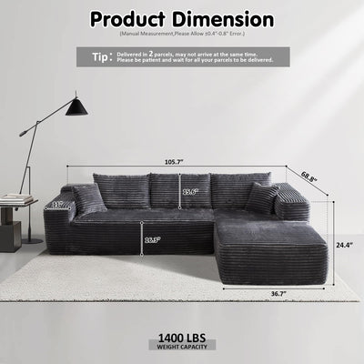 OVIOS 104" L-Shape Modular Couch with Chaise,Corduroy Fabric,No Assembly Required