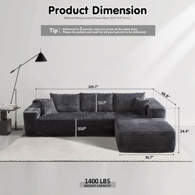OVIOS 104" L-Shape Modular Couch with Chaise, Plush Corduroy Fabric, No Assembly Required
