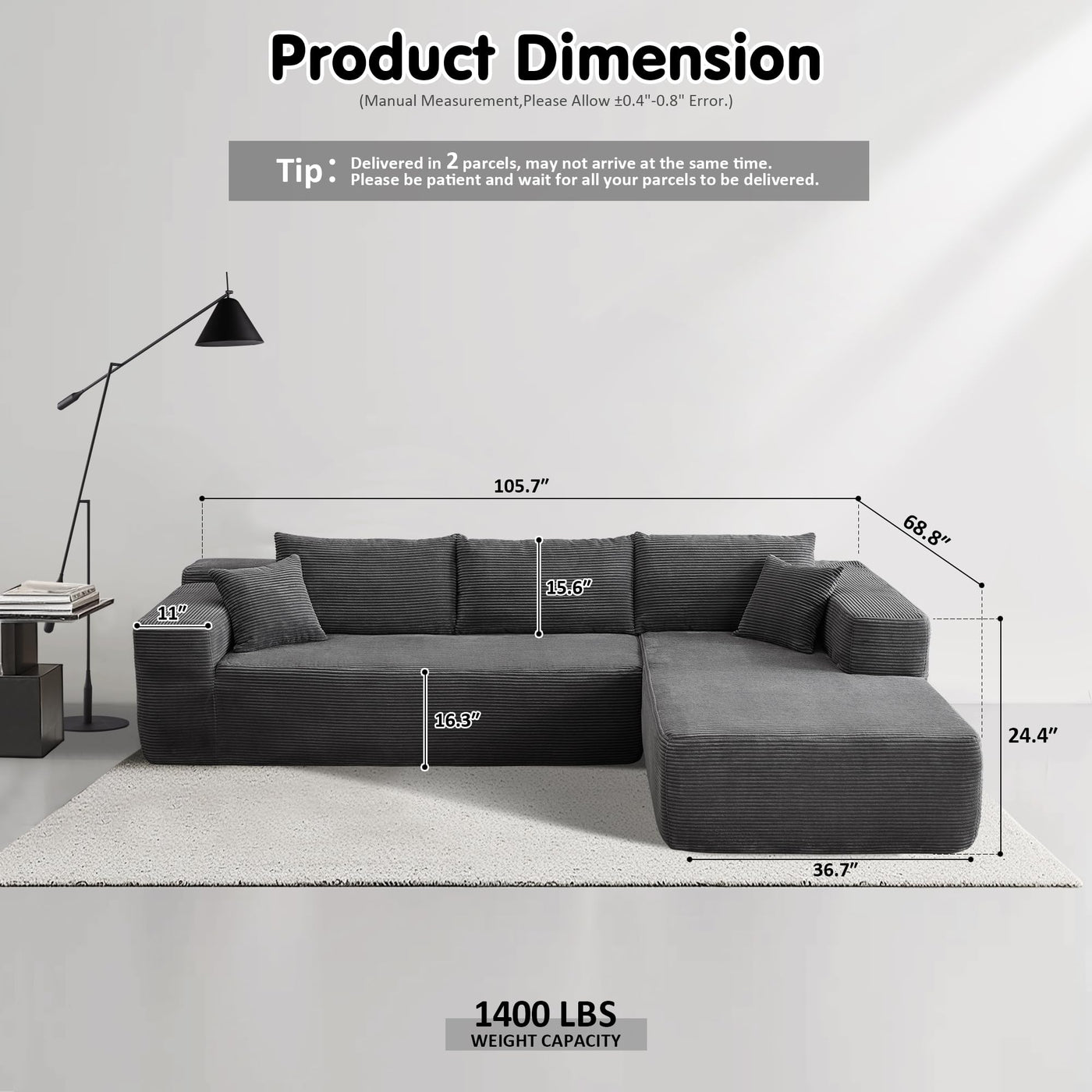 OVIOS 104" L-Shape Modular Couch with Chaise,Corduroy Fabric,No Assembly Required