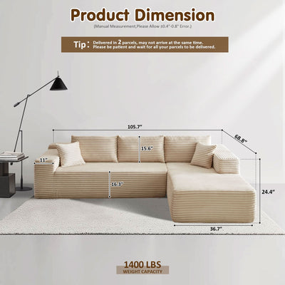 OVIOS 104" L-Shape Modular Couch with Chaise, Plush Corduroy Fabric, No Assembly Required