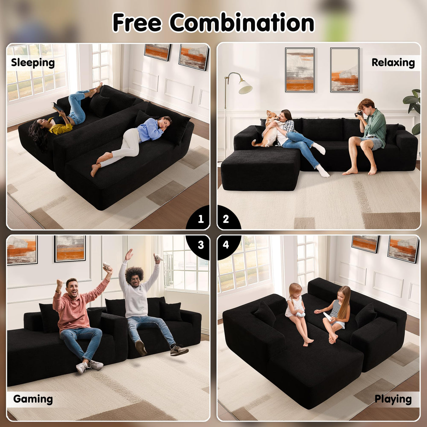 OVIOS 104" L-Shape Modular Couch with Chaise,Corduroy Fabric,No Assembly Required